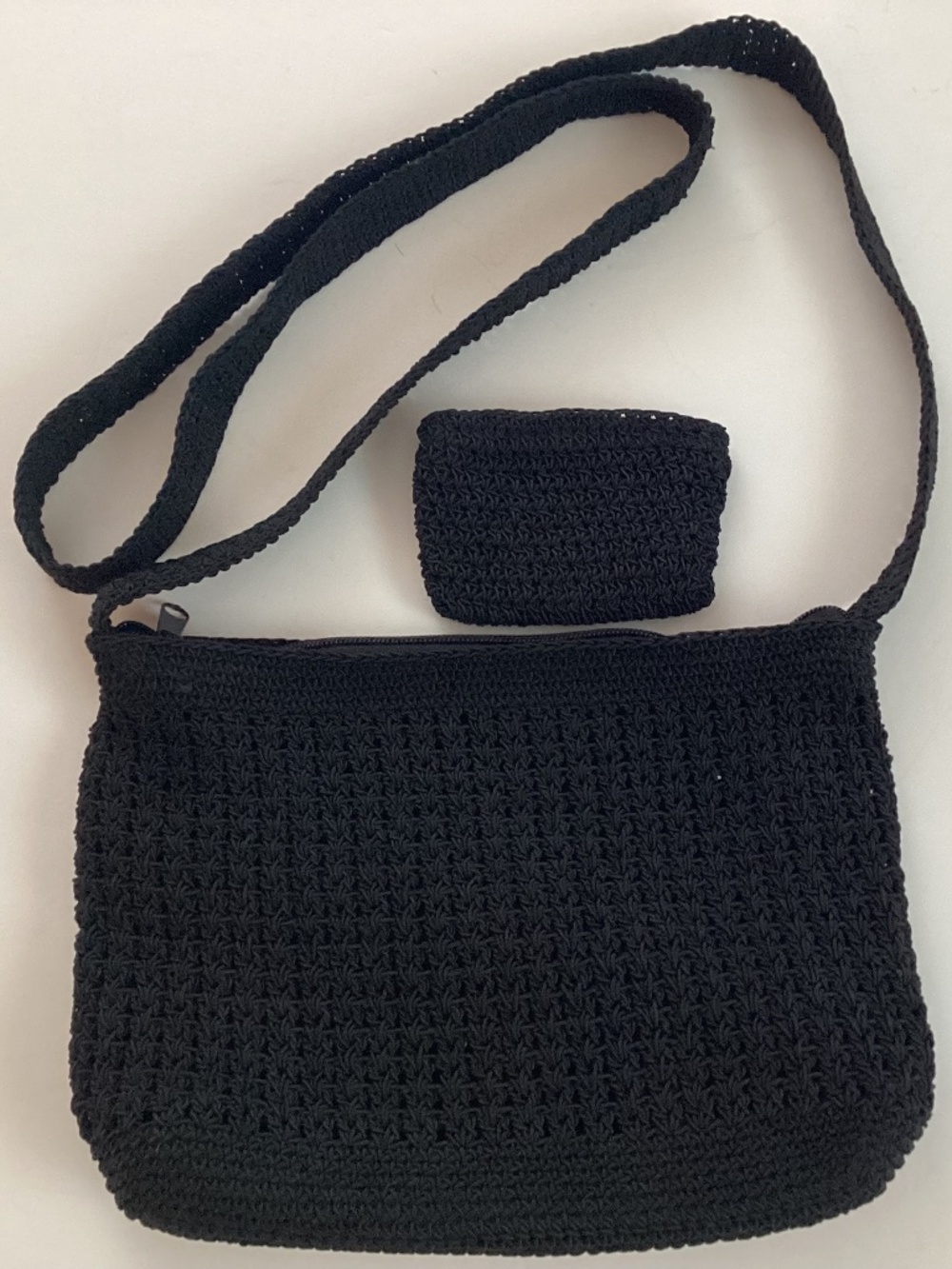 Frankie & Johnnie Black Crocheted Cross Body Bag Vintage Boho Knit